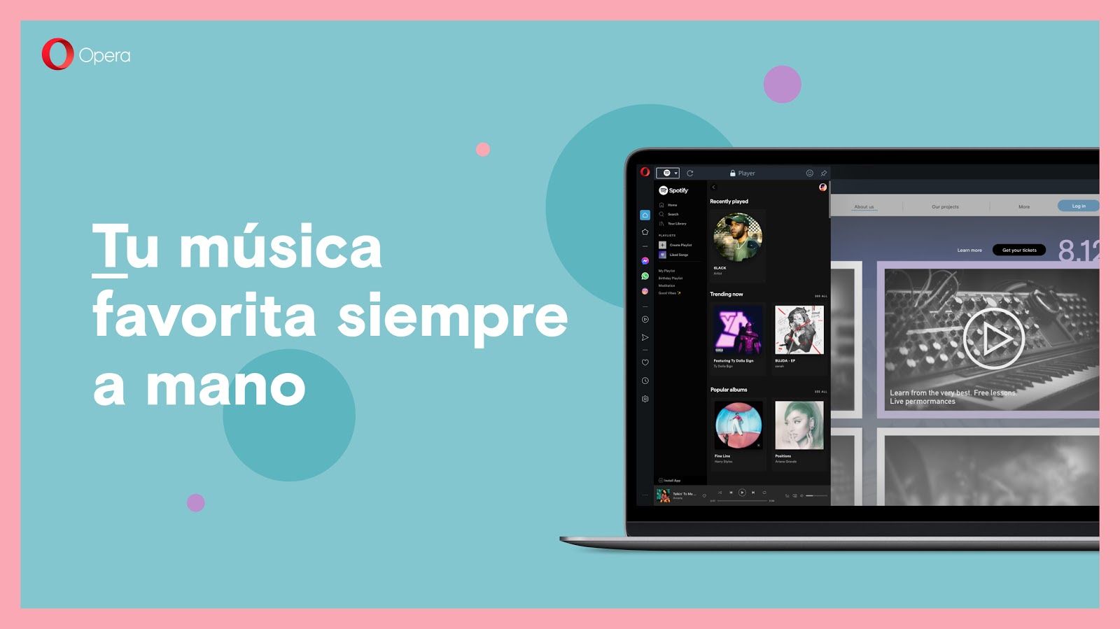 Opera incluye acceso instantáneo a Spotify, Apple Music y YouTube Music en la barra lateral de su navegador